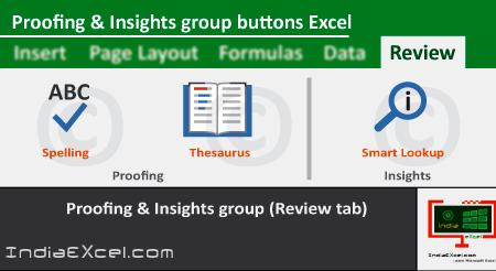 Proofing group Insights group of Review tab Excel 2016