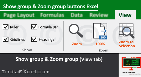 Show group Zoom group tools of View tab MS Excel 2016
