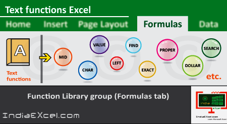 Text button functions of Function Library group MS Excel 2016