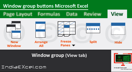 Window group buttons tools View tab MS Excel 2016