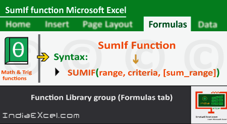 SumIf function of Math Trig functions in Microsoft Excel 2016